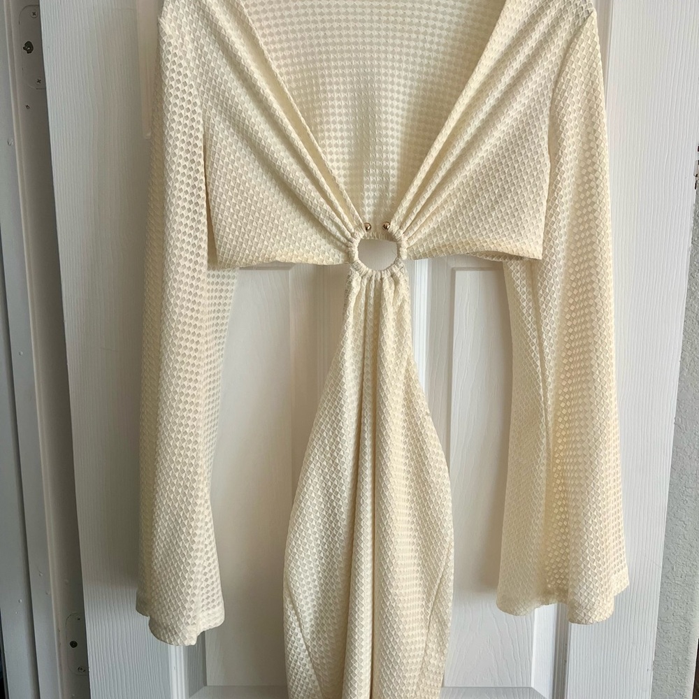 Ivory Long Sleeve V-Neck Cutout Mini Dress - Picture 3 of 4